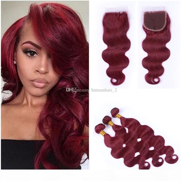 

8a grade 99j peruvian hair with 4*4 lace closure burgundy body wave with closure wine red human hair bundles with closure 340g weight, Black;brown