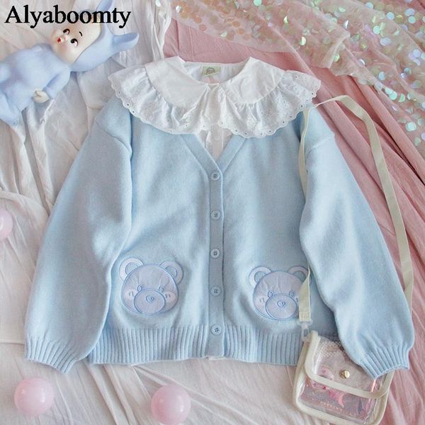 

japanese preppy style autumn spring women sweater v neck blue bear knitted outerwear cute kawaii mori girl loose sweet cardigan, White