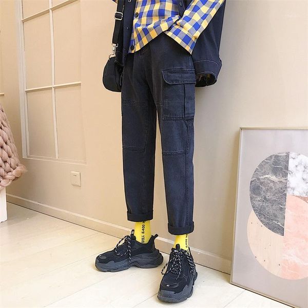 

men's jeans fashion 2021 casual multi pocket men's straight autumn winter harem pants korean trendy handsome hip hop denim trouser, Blue