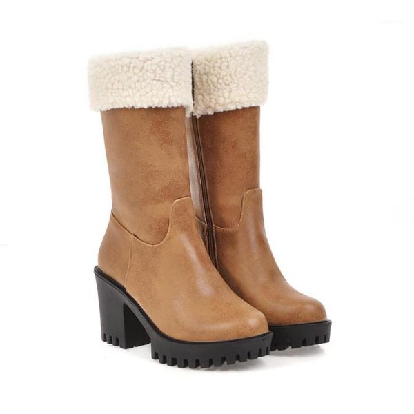 

boots zetmtc 2021 large size 34-43 winter keep warm snow thick high heels fashion round toe mid calf boots1, Black