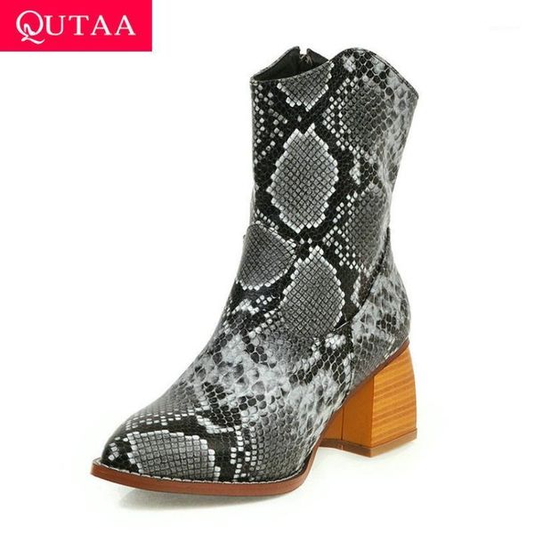 

qutaa 2020 new autumn winter snakeskin pu leather square high heel women shoes fashion pointed toe zipper ankle boots size 34-431, Black