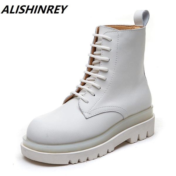 

alishinrey martin boots women 2020 autumn genuine leather lace-up single boots trend british style motorcycle ladies, Black