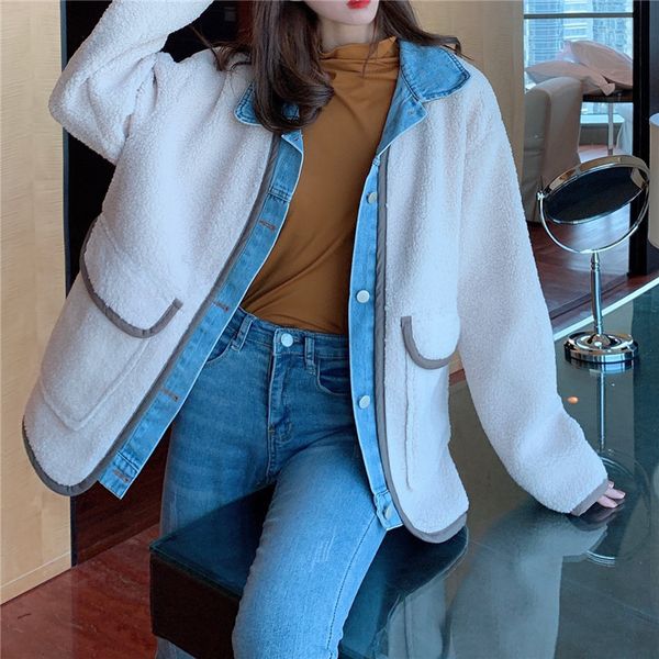 

autumn and winter 2020 new korean fake two piece splicing denim lamb wool long sleeve jacket for women, Black;brown