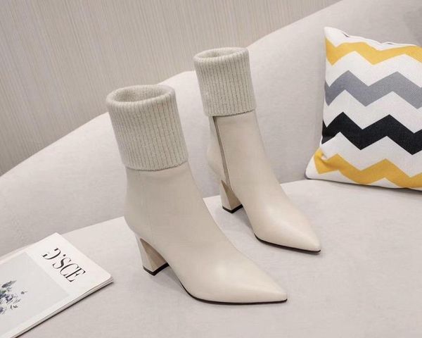 

ankle boots women pointed toe genuine leather weave tube square heels zipper 2021 winter new fashion design shoes, Black