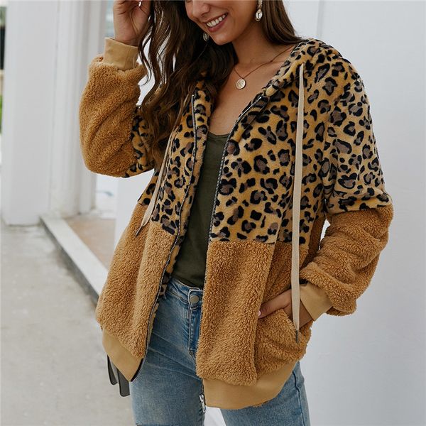 

women faux fur jacket autumn winter fashion leopard patchwork hooded overcoat thick warm zipper coat fleece soft outerwear