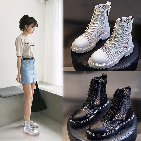 

boots 2021 summer breathable mesh shoes genuine leather women's casual thick bottom tide, Black