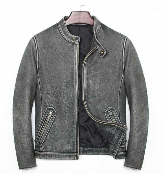 

mens motorcycle leather jacket stand collar slim fit biker genuine cowhide leather jackets vintage autumn winter coat1, Black