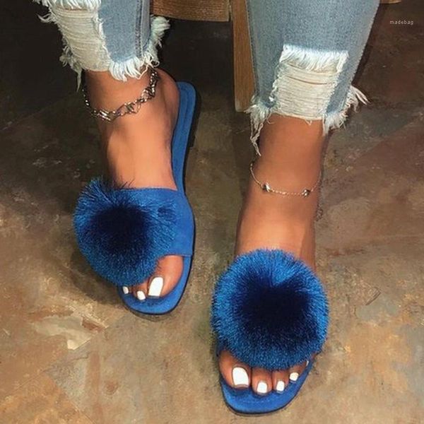 

slippers vertvie faux fur slides woman 2021 summer flat ladies slip-on beach shoes female open-toe soft outdoor plus size1, Black