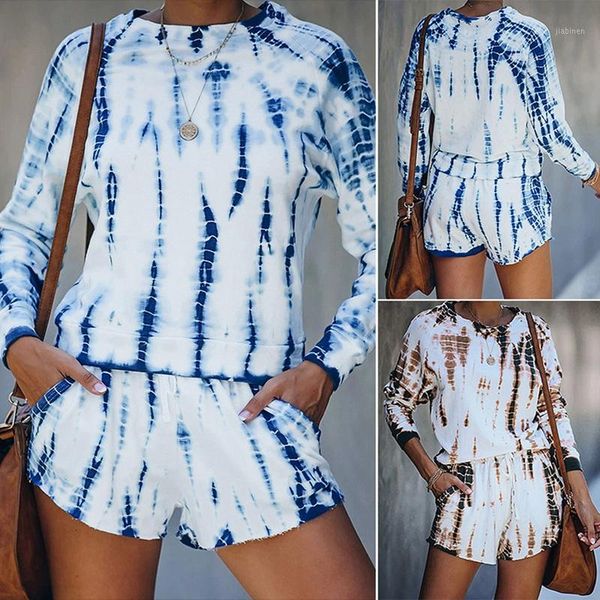 

women's fashion tie dye long sleeve sports suit stripe printed casual t-shirt, Gray