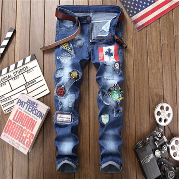

2021 new men's male american flag patches design blue denim jeans holes ripped distressed slim straight pants trousers dthj