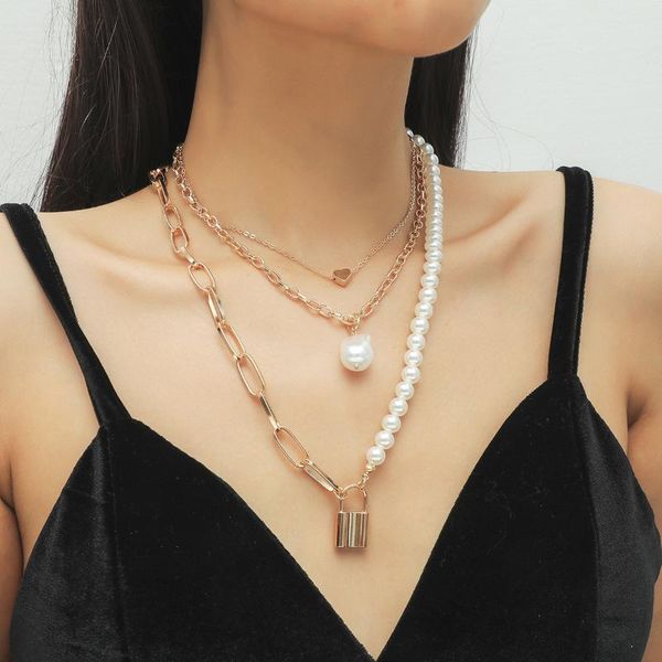 

chokers boho multi layer imitation pearl choker necklace statement heart lover lock pendant women jewelry, Golden;silver