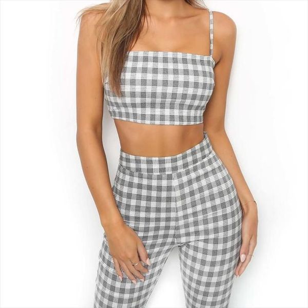

2021 plaid two piece set tracksuit women casual sleeveless sweatsuits for women set crop tank and flare pants leggings, Gray