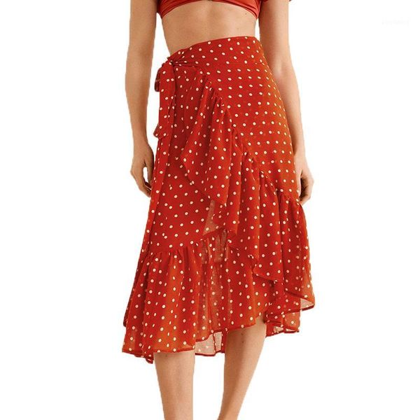 

summer skirts womens 2019 casual asymmetrical ruffles skirt dot womens clothing red long skirt high waist1, Black
