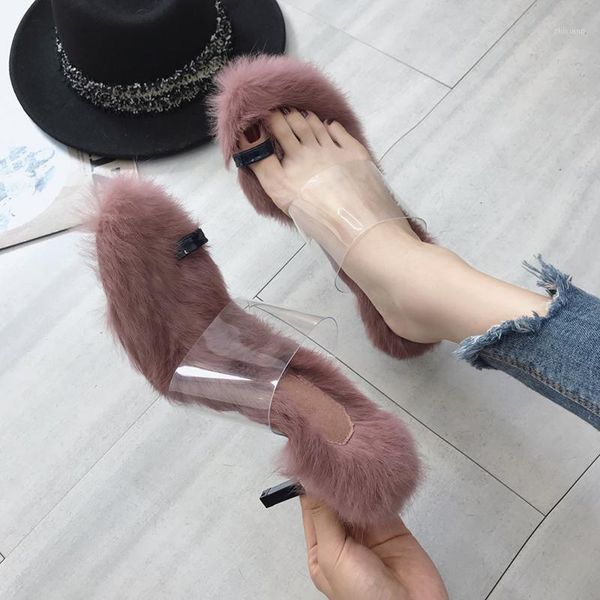 

fur sandals women clip toe transparent band slippers ladies thin high heels furry flip flops mujer slides1, Black