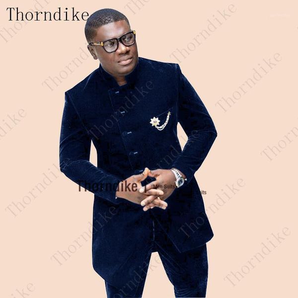 

thorndike african style custom made men's navy blue suit 2 piece wedding velvet groom tuxedos groomsman man jacket pants1, White;black