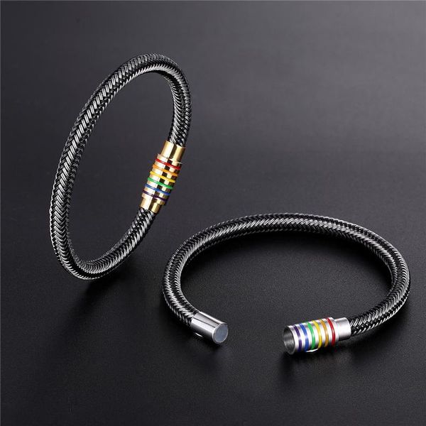 

new black/white genuine braided leather bracelet women men stainless steel gay pride rainbow magnetic bracelet gift pulseira