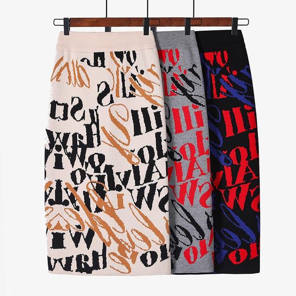 

women winter knitted pencil skirts letters printing vintage bodycon midi skirts high waist wrap, Black