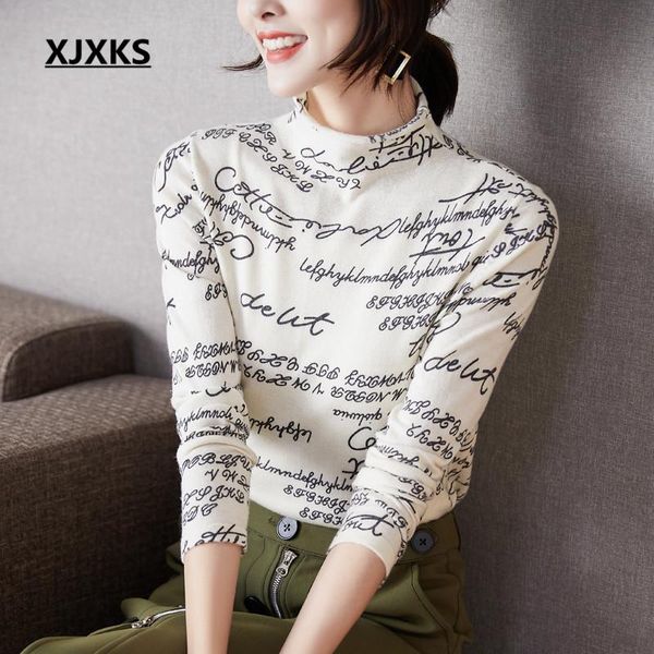 

xjxks 2021 autumn winter new digital printing letters women turtleneck sweater casual women wool sweater pullover, White;black