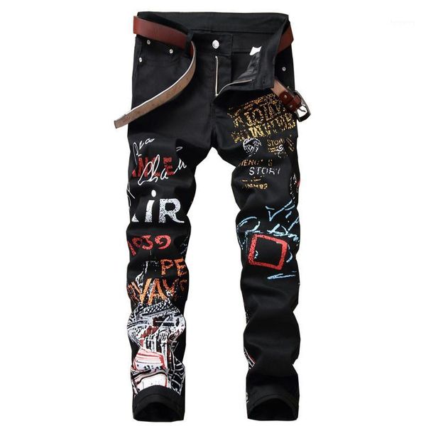 

mens hi street letter printed jeans trousers slim fit straight painted denim pants for male club wear black white1, Blue