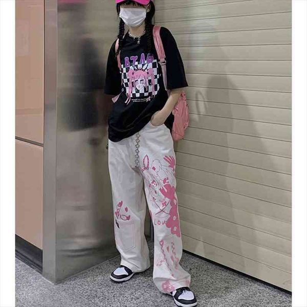 

y2k harajuku womens pants anime pattern hip hop pants womens wide leg wild long wide straight, Black;white