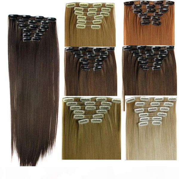 

6pcs set synthetic clip in hair extensions straight 24inch 140g synthetic clip on hair extensions more colors, Black;brown