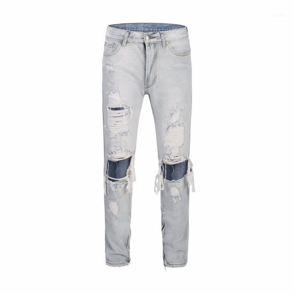 

men super damaged distressed ripped broken hole lt blue jeans men denim pants1