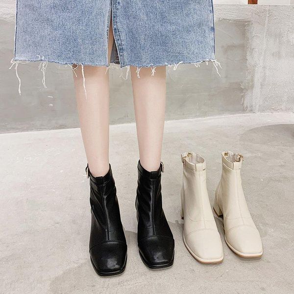 

women's mid calf boots rock shoes woman luxury designer boots-women round toe low heels booties booties ladies rubber, Black