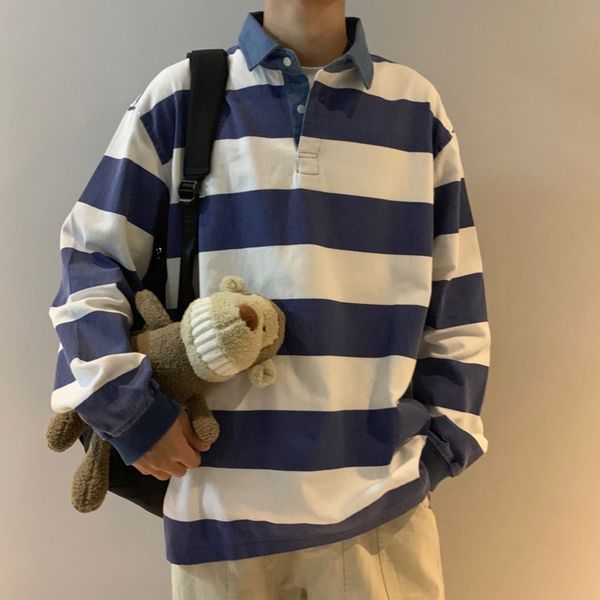 

autumn new products homemade worn out washed blue and white striped lapel ins sweater sweater trendy and loose vxv91, Black