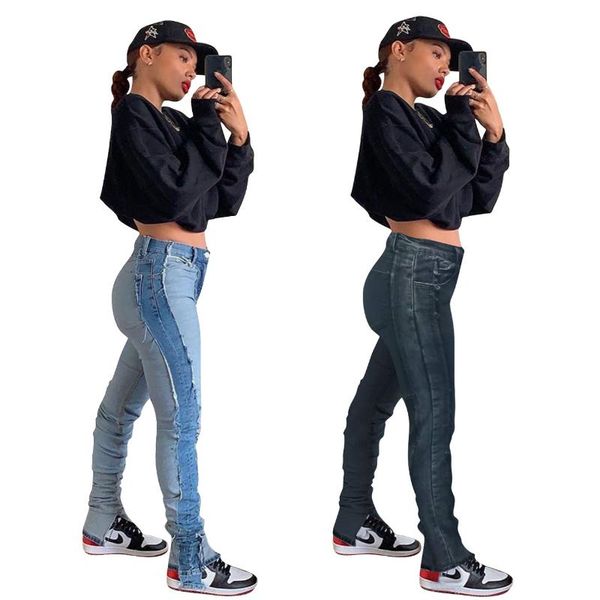 

women's jeans patchwork women stacked high waist bodycon stretch slip hem denim boyfriend trousers pants female washed, Blue