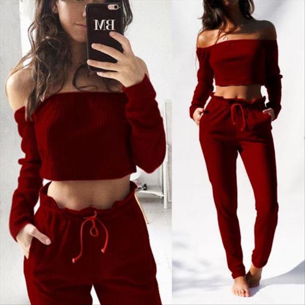 

2pcs women crop blouse off shoulder shirt pants leggings trouser long sleeve slash neck new outfit, Gray