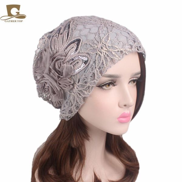 

beanie/skull caps lady luxury sequined flower slouchy baggy hat beanie skull wraps wrinkle cap, Blue;gray