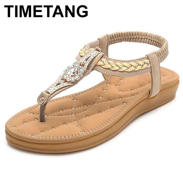 

timetang 2020 new women's sandals flat bottom double bohemian rhinestone clip toe comfortable shoes women summer sandalse492, Black