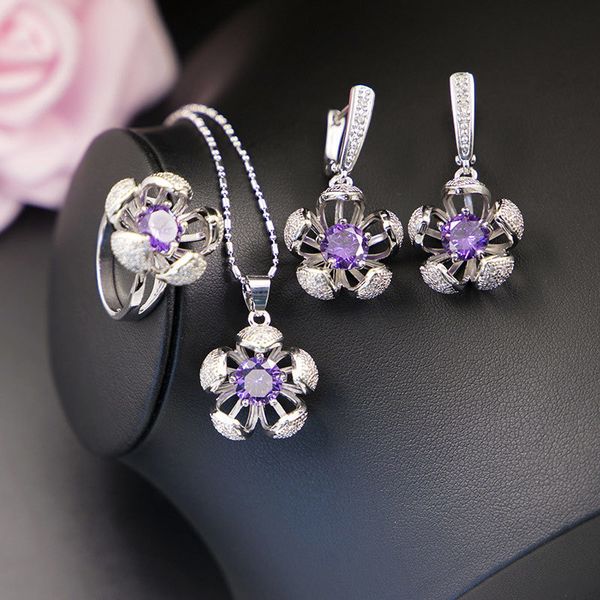 

shiny cz 3d flower square silver color jewelry drop earrings necklace ring set for women wedding/engagement/anniversary gift 201222, Slivery;crystal