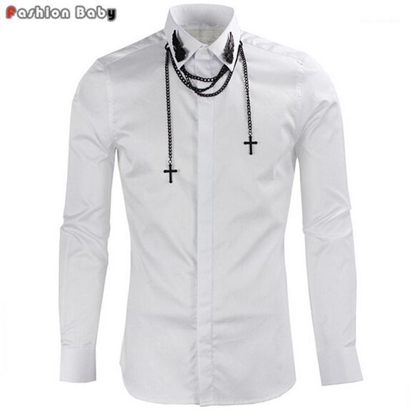 

men's dress shirts men's quality metal chain cotton black/white party casual shirt fashion long sleeve business shirts1, White;black
