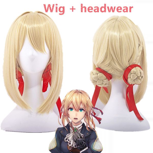 

costume accessories violet evergarden cosplay wig blonde synthetic hair violet evergarden anime cosplay wigs with red ribbon for party, Silver