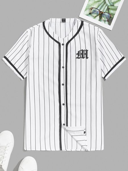 

men contrast trim letter and striped shirt 61ks#, White;black