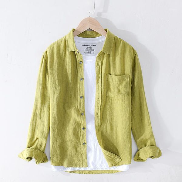 

2020 pure linen shirts long sleeve casual turn-down collar basic classic shirts man fashion solid color men's clothing1, White;black