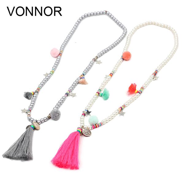 

vonnor jewery women statement necklace bohemian colorful beads simulated pearl shell tassel pendant long necklace for dress, Silver