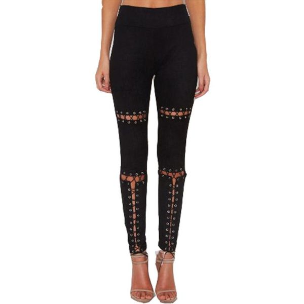 

women slim legging pencil long pants high waist eyelets bandage lace up trousers, Black;white