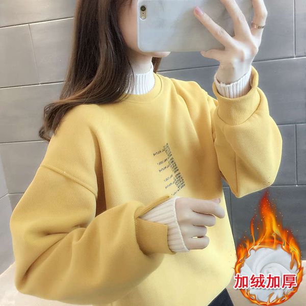 

half high collar sweater women autumn winter 2020 new foreign style plush thickened coat loose korean fake two pieces, Black