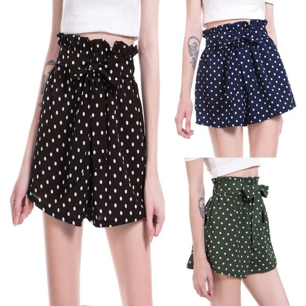 

women's summer round dot lace up elastic waist fashion loose shorts, White;black