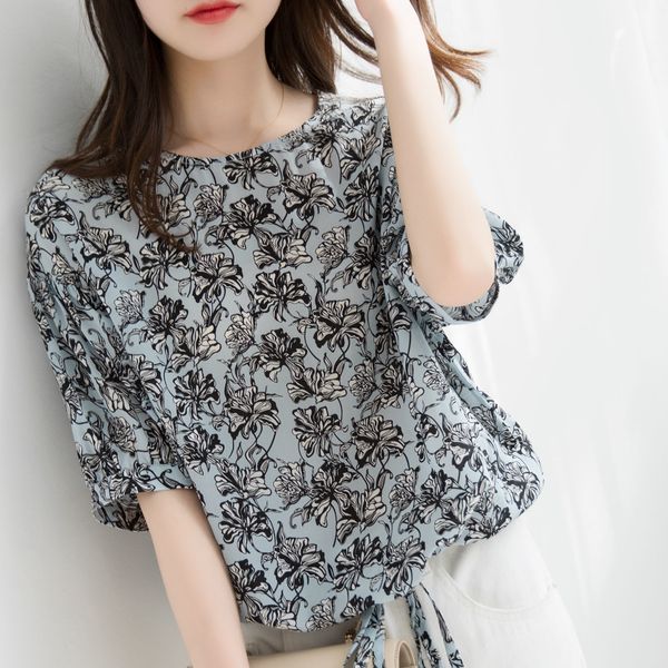 

chiffon middle sleeve summer women's 2020 new bow versatile small shirt loose cover belly floral top