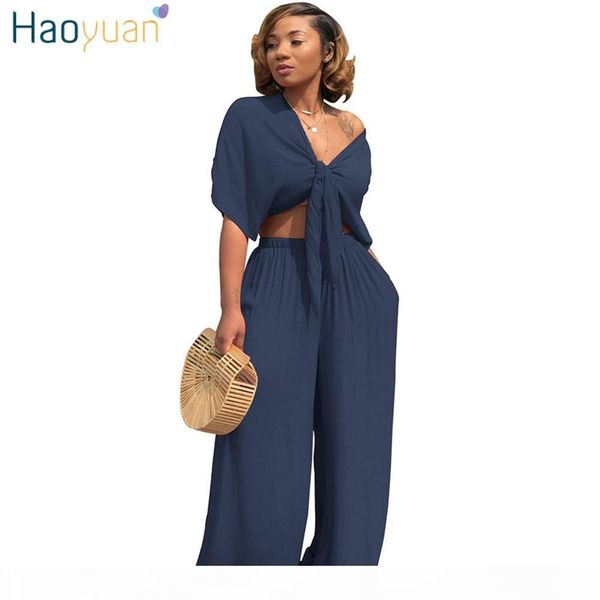 

haoyuan two piece set women clothes v neck bow tie crop loose wide leg pant suit summer outfit 2 piece casual tracksuit, White