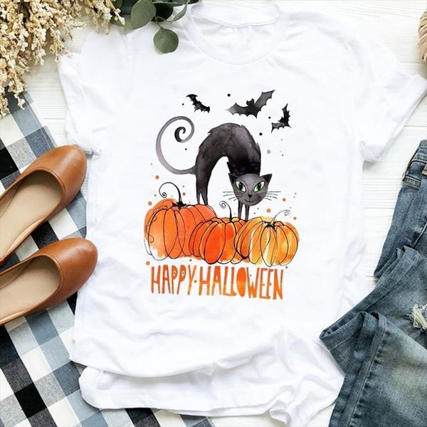 

women lady pumpkin cat fashion happy autumn fall halloween print tshirt shirt clothes graphic female t tee womens t shirt, White