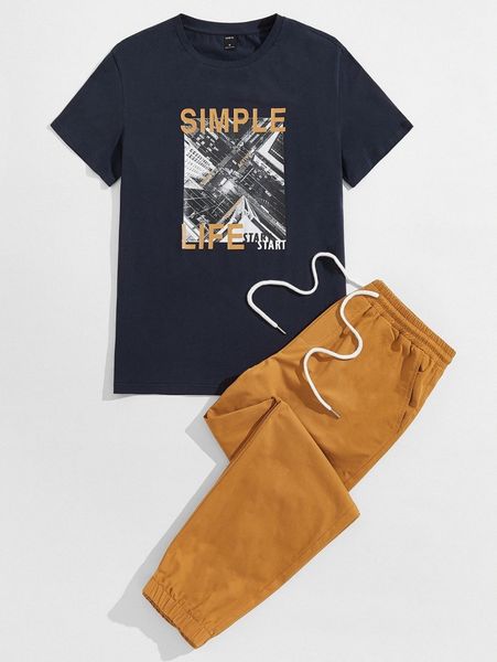 

men skyscraper & letter graphic tee & drawstring waist pants s6kv#, Gray