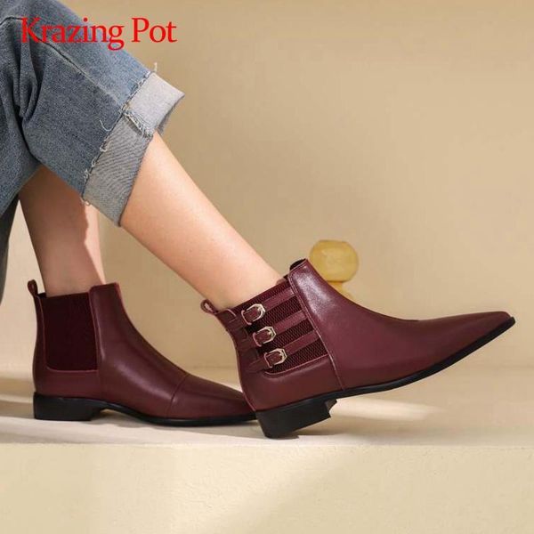 

boots krazing pot big size work genuine leather belt buckle metal fasteners pointed toe low square heel slip on ankle l01, Black