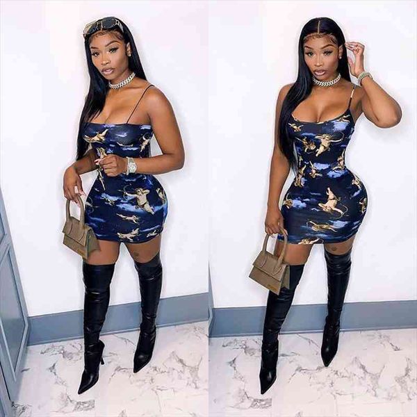 

fashion women bodycon mini dress angel print spaghetti strap sleeveless cami dress for summer holiday clubwear, Black;gray