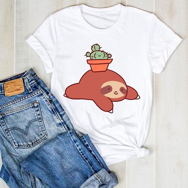 

women lady plant fashion sloth cute summer cactus ladies t tee tshirt womens female shirt clothes graphic clothing t-shirt, White