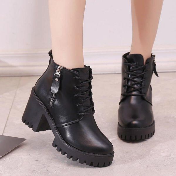 

boots ladies vintage combat autumn boots army punk goth women women biker pu leather short shoes, Black