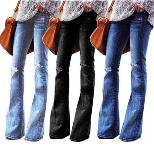 

2020 autumn and winter new jeans women's pure color tight jeans wide leg mom pants plus size zipper pocket slim fit slimming, Blue